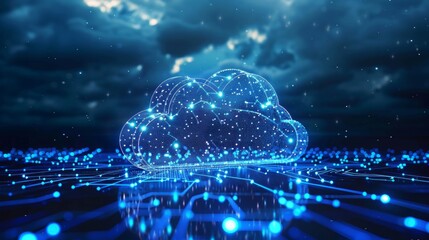 Poster - A glowing digital cloud icon sits on a circuit board with a stormy sky in the background, representing the power and complexity of cloud computing.