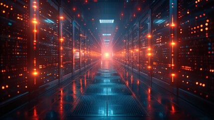 Poster - A long, narrow corridor in a server room with rows of brightly lit servers on either side.