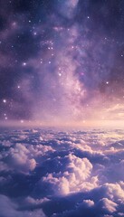 a dreamy cosmic landscape above the clouds, showcasing a starry sky and vibrant colors.