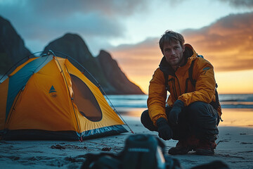 Wall Mural - Solo adventurer setting up a tent on a beach at sunset.