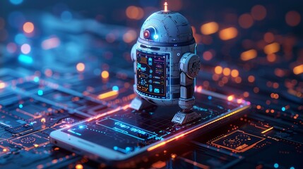 Poster - A white robot stands on a smartphone with a circuit board background, representing the future of artificial intelligence.