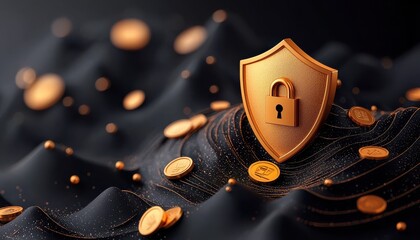 Poster - Abstract representation of digital security with coins and a shield symbolizing protection.