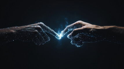 Aufkleber - Two hands reaching towards each other, surrounded by glowing particles, creating sense of connection and energy in dark background