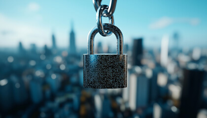 Poster - large padlock hangs prominently against blurred city skyline, symbolizing security and protection in urban environment. focus on lock suggests themes of privacy and data safety