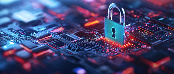 Poster - digital padlock symbolizes cybersecurity on circuit board, highlighting data protection and secure technology. vibrant colors emphasize importance of safeguarding information in digital world