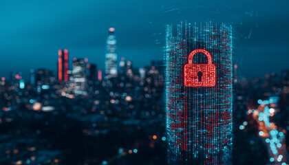 Poster - digital city skyline with prominent red padlock symbolizing cybersecurity and data protection. scene conveys sense of security and technological advancement