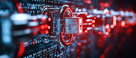 Poster - series of digital padlocks securing complex data stream, symbolizing cybersecurity and data protection in digital network environment