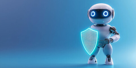 Poster - futuristic AI robot stands confidently holding glowing shield, symbolizing privacy and security in digital world. blue background enhances tech savvy atmosphere