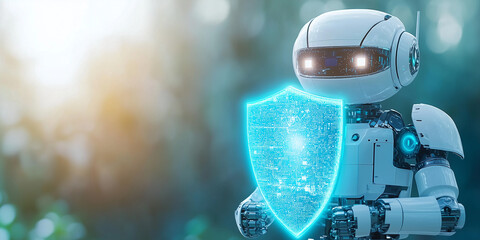 Poster - futuristic AI robot holds glowing shield, symbolizing digital security and privacy protection in serene environment
