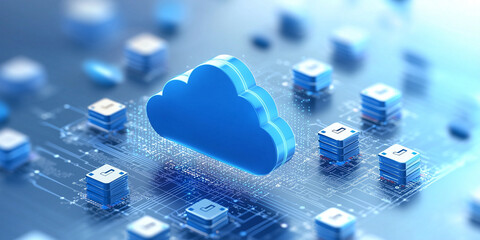 Aufkleber - digital cloud icon is surrounded by floating data blocks, symbolizing secure cloud storage and data management in futuristic, technology driven environment