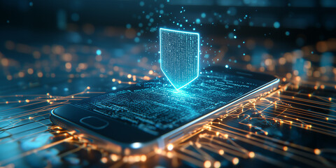 Poster - smartphone with glowing shield hovering above it symbolizes digital security and protection, surrounded by network of glowing circuits