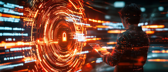 Poster - person stands in front of digital interface with glowing red and orange circular patterns, symbolizing cybersecurity and data protection