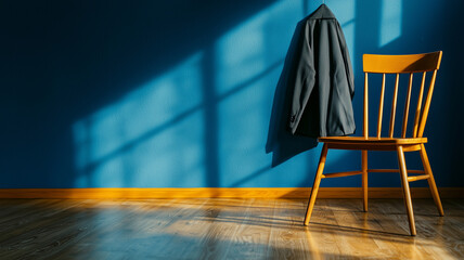 Wall Mural - wooden chair with coat hanging on it is bathed in sunlight against blue wall, creating serene atmosphere