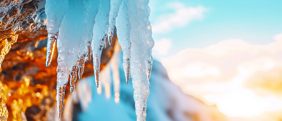 Poster - Icicles hang from rocky ledge, glistening in sunlight against vibrant sky, creating stunning winter scene