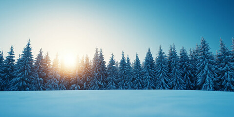 Poster - snow covered forest is illuminated by soft glow of setting sun, creating serene and tranquil winter landscape. tall pine trees stand majestically against clear blue sky