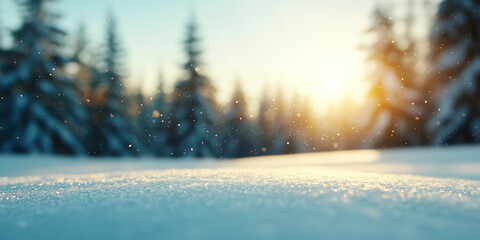 Poster - Snow covered pine trees glow under winter sun, creating serene and magical atmosphere with sparkling snowflakes in foreground