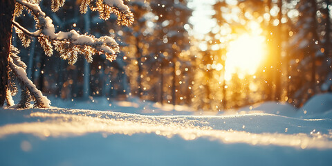 Poster - Snow covered pine trees glow under winter sun, creating serene and magical atmosphere
