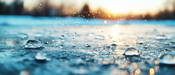 Poster - Snowflakes gently landing on frozen lake, creating peaceful and serene winter scene at sunset. soft light reflects off ice, enhancing tranquil atmosphere