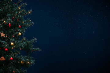 Wall Mural - Starry night sky, Christmas tree with small colorful ornaments on the branches, dark blue background, minimalist style