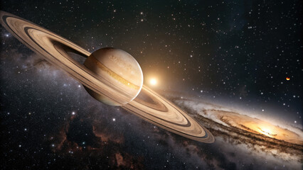 close-up of glowing planet disk floating in space, serene beauty of the universe with ample copy spa