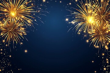 Wall Mural - The background is dark blue, with golden fireworks on the left and right sides of the picture. The vector illustration style features exquisite details, a light gold color scheme, high resolution.