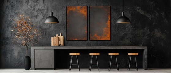 Poster - Modern interior design featuring sleek furniture, art, and unique lighting fixtures.