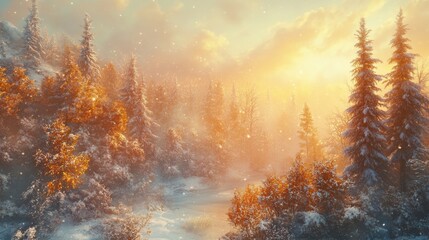 Poster - Snowy Forest with Golden Light and Frozen Stream at Sunset