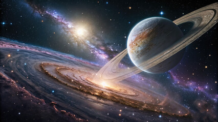 Wall Mural - massive planet with glowing rings, translucent beauty in cosmic space.