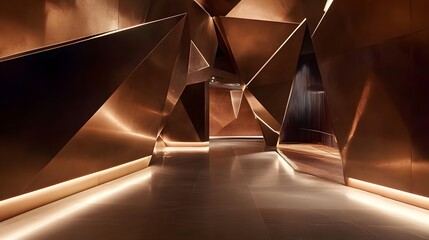 Wall Mural - Design an empty geometrical room filled with rich chocolate hues, featuring angular walls and sleek shapes. Soft, ambient lighting highlights the contours of the space, creating a warm and inviting