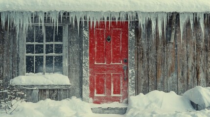 Poster - A Red Door and Window on a Snow-Covered Wooden Cabin