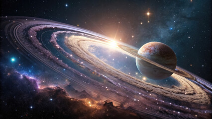Wall Mural - massive planet with glowing rings, translucent beauty in cosmic space.