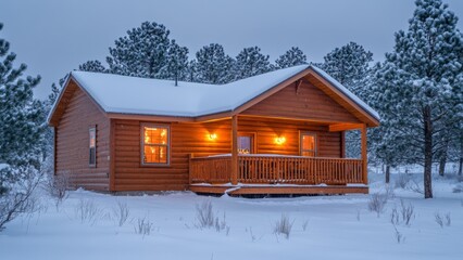 Poster - A Cozy Cabin in the Snow with Warm Lights Inside