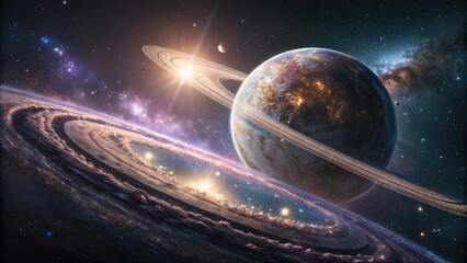 Wall Mural - massive planet with glowing rings, translucent beauty in cosmic space.