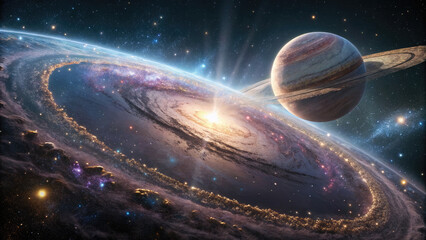 Wall Mural - massive planet with glowing rings, translucent beauty in cosmic space.