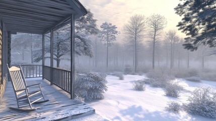 Poster - A Rocking Chair on a Snowy Porch Overlooking a Wintery Forest