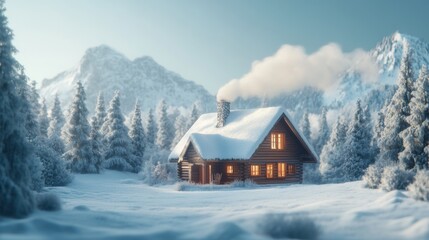 Poster - Cozy Cabin in a Snowy Mountain Forest with Smoke Rising from the Chimney