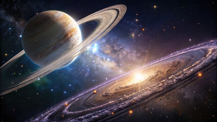 Wall Mural - massive planet with glowing rings, translucent beauty in cosmic space.
