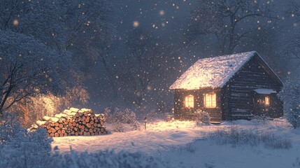 Poster - A Cozy Cabin Bathed in Warm Light Amidst a Snow-Covered Forest