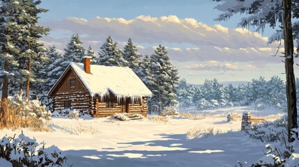 Poster - A Snowy Log Cabin in a Wintery Forest Landscape