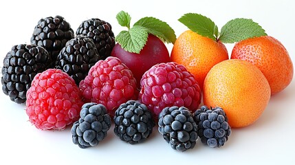 Wall Mural - A vibrant assortment of fresh berries and citrus fruits, featuring raspberries, blackberries, and oranges, garnished with green mint leaves.