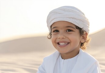 an Emirati child smiling in traditional white , with a desert background and a bright sky, conveying a happy mood.