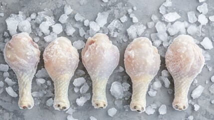 Poster - Five Frozen Chicken Legs Surrounded by Ice on a Gray Surface