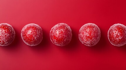 Poster - Five Frozen Strawberries in a Row on a Red Background