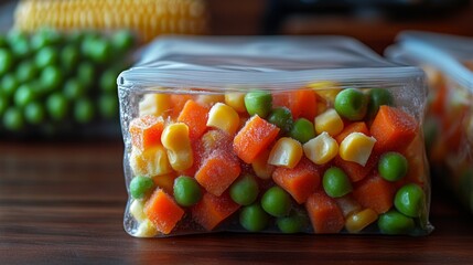 Poster - Frozen Mixed Vegetables in a Plastic Bag on a Wooden Surface