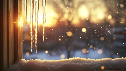 Poster - Three Icicles Hanging from a Window with a Golden Sunset and Snow in the Foreground