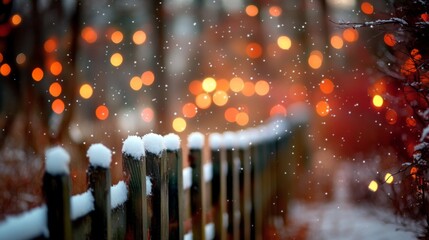 Poster - Snow-Covered Wooden Fence with Blurred Lights in the Background