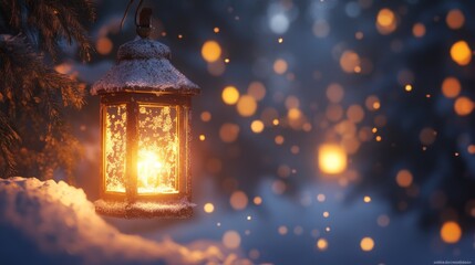 Poster - A Snow-Covered Lantern Glowing in a Winter Forest