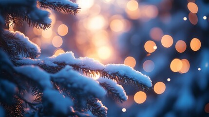 Poster - Snow-Covered Pine Branch Against a Bokeh Background