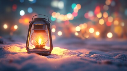 Poster - A Lit Lantern Rests in the Snow with a Blurred Bokeh Background of Lights