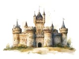 A watercolor illustration of a fairy castle on a white background